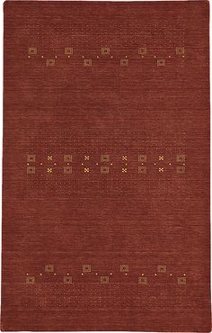 a red area rug with gold dots on the top and bottom, along with an orange background