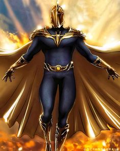 a man in a gold and blue costume with his arms outstretched, standing on a sunset background