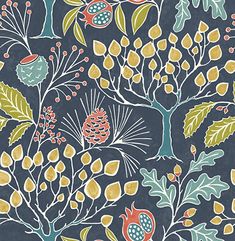 an image of a wallpaper with flowers and leaves on dark blue background, which is very similar to the pattern used in this painting