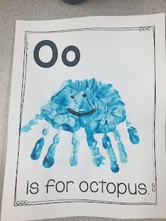 this is an image of a blue handprint with the words o is for octopus