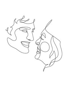 one line drawing of two people facing each other with faces drawn in the same direction