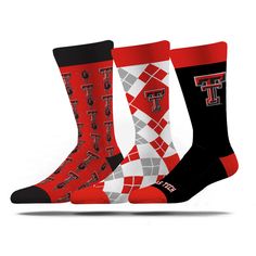 PRICES MAY VARY. Support your favorite college team 3X more with this Officially Licensed 3 Pack of Texas Tech mens dress socks! THE EXECUTIVE 3 PACK. Made of super-soft 43% Cotton 32% Nylon 20% Polyester 3% Elastic 1% Spandex 1% Rayon- includes 3 unique pairs of fashionable Texas Tech Crew Dress Socks that feature your favorite Team's Logo and Colors-all on the Most Comfortable Sock on Earth. DURABLE COMBINED COTTON BLEND for abrasion resistance and MOISTURE WICKING to help keep your Texas Tech College Dress, Lots Of Socks, Argyle Socks, Football Socks, Mens Dress Socks, Comfortable Socks, Christmas Men, Alabama Crimson, Dress Socks