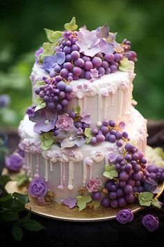 a three tiered cake covered in purple grapes and greenery on a gold plate