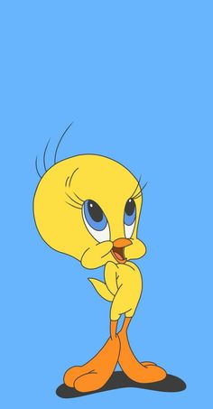 an animated yellow bird with big blue eyes and orange feet, standing in front of a blue background