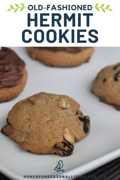 chocolate chip cookies with text overlay that reads old - fashioned hemt cookies on a white plate