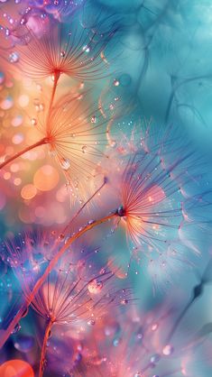 dandelions with water droplets on them are in the foreground and bright blue background