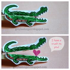 two pictures of a green alligator with a pink heart in it's mouth and the caption i have a crush on you