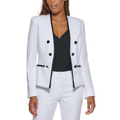 Calvin Klein Elevates This Open Front Blazer By Adding A Bold, Contrast Trim. Designed To Flatter A Petite Frame, This Collarless Blazer Is Both Striking And Versatile. Approx. Length: 21" Designed To Fit And Flatter 5'4" And Under Frame Collarless; Open Front Shoulder Pads; Contrast Trim Non-Functional Welt Pocket Detail Unlined Polyester, Spandex Dry Clean Imported White Career Blazer, Calvin Klein Elegant Spring Blazer, Collarless Blazer, Le Suit, Open Front Blazer, White Blazer, Matching Family Outfits, Family Outfits, Women's Coats & Jackets