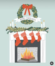 a christmas fireplace with stockings hanging over it