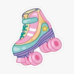 a pink roller skate sticker with blue and yellow shoes on the bottom, in front of a white background