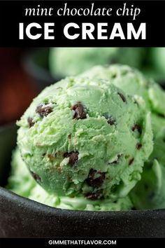 mint chocolate chip ice cream in a bowl with text overlay that reads mint chocolate chip ice cream