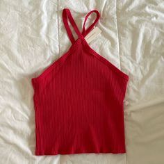 Nwt Criss Cross Style Ribbed Top Trendy Red Ribbed Tank Top, Red Ribbed Stretch Tank Top, Red Ribbed Sleeveless Crop Top, Red Stretch Ribbed Tank Top, Red Sleeveless Ribbed Crop Top, Red Stretch Summer Tops, Red Ribbed Fitted Crop Top, Red Ribbed Crop Top For Summer, Red Ribbed Sleeveless Top