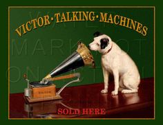 a small dog is looking at an old record player with the caption victory taking machines sold here