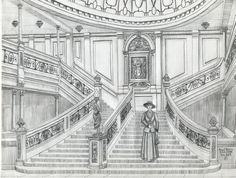 a drawing of a man standing at the top of stairs