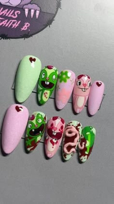 Nails by FaithB on Instagram: "HAPPY TREE FRIENDS!!🤭 I’ve been dying to do a set of this show! I’m so happy someone ordered these for press ons! I shouldn’t have been watching shit like this when I was younger but me and my friend thought it was peak YouTube content😭😭 - - #happytreefriends #happytreefriendsnails #happytreefriendsart #nails #gorenails #nailart #nailartist #characternails #characternailart #pressons #pressonnails #pressonnailartist #characternailartist" Trio Matching Nails, Smiling Friends Nails, South Park Nails, Adventure Time Nails, Friend Thought, Friends Nails, Cartoon Nail Designs