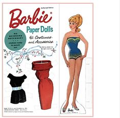 an advertisement for barbie paper dolls featuring a woman in swimsuit