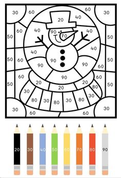 the color by number snowman coloring page is shown with crayons and pencils