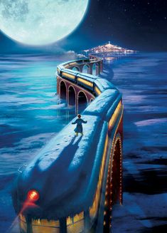 the polar express movie poster with a person standing on top of a train in front of a full moon