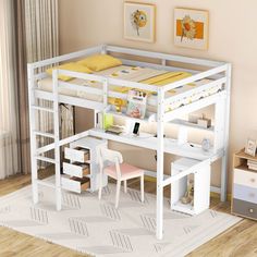 a white loft bed with desk underneath it