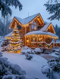 a log cabin with christmas lights on it