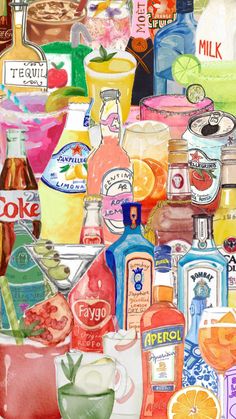 a painting of many different types of drinks and condiments on a counter top