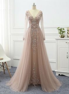 Baju Kahwin, Formal Dresses With Sleeves, A Line Evening Dress, Double 11, Long Sleeve Prom, Long Sleeve Dress Formal, Elegant Prom Dresses, فستان سهرة