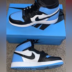 Only Wore Once Cool Jordans Shoes, Black Blue Nike Shoes, Cute Nike Shoes For Women Sneakers, Nike Jordan Shoes With Contrast Sole, Nike Jordan Shoes With Boost Midsole, Nike Jordan Shoes With Boost Midsole And Round Toe, Nike High-top Jordan Shoes With Rubber Sole, Nike Jordan Leather Shoes With Rubber Sole, Nike Jordan Leather Shoes With Contrast Sole