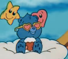 a cartoon bear sitting on top of a cloud next to a goldfish in the sky