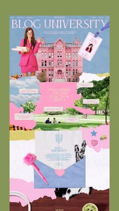 a collage of pink and blue images with the words blog university on it's side