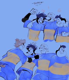 an image of cartoon characters in blue and yellow shirts with their arms around each other