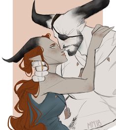 a drawing of a man and woman with horns on their heads, one is kissing the other