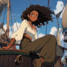 a woman sitting on top of a wooden barrel in front of a pirate's ship