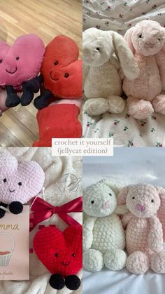 crocheted stuffed animals are shown in three different colors and sizes, including pink, red, white, and blue