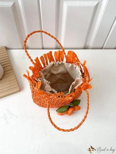 BirdinBag - Versatile Floral & Woven Bucket Bag: Stylishly Transforms from Handheld to Shoulder Orange Handheld Beach Bag, Casual Orange Bucket Crochet Bag, Casual Orange Crochet Bucket Bag, Orange Bucket Bag With Braided Handles, Orange Pouch Bag For Vacation, Orange Bucket Bag For Summer, Orange Bucket Shoulder Bag With Braided Handles, Orange Bucket Bag, Orange Satchel Bag For The Beach