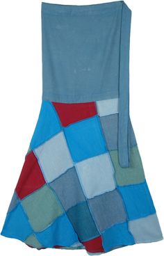 A tile design open patchwork boho cotton wrap-around skirt in ankle length with beautiful shades of blue, red and grey. The upper part, 14 inches of the skirt is straight fit in stonewashed blue the rest of the skirt which has quilted patchwork and is flowy. Patchwork clothing is sensational and unique and patchwork brings several colors together in harmony which is usually difficult to achieve in other categories of clothing. This chic skirt can be dressed up or down with flat shoes or high hee Summer Patchwork Wrap Skirt, Blue Cotton Patchwork Skirt, Fitted Blue Cotton Wrap Skirt, Skirt Patchwork, Patchwork Clothing, Patchwork Clothes, Chic Skirt, Quilted Patchwork, Bohemian Skirt