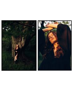 a woman sitting on top of a tree next to a tall tree with her arms over her head