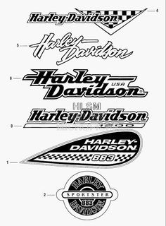 some type of logos that are in different styles and sizes, including one with the name harley davidson on it