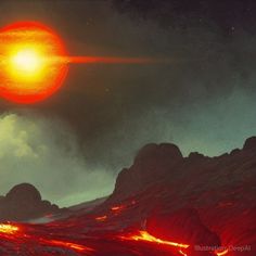 an artist's rendering of a red sun rising over lava