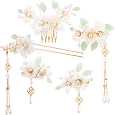 an assortment of hair accessories including flowers and pearls