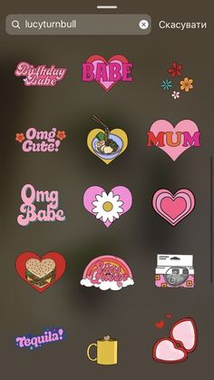 an iphone screen with many different stickers on the back and side of it, including hearts