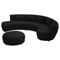 a black couch and ottoman on a white background with an oval footstool in the middle