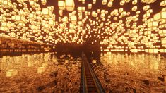 an abstract photo with lots of cubes floating in the water and lights above it