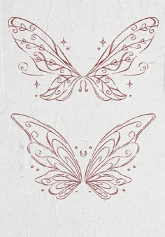 two butterflies with swirls and stars on their wings, one is drawn in red ink