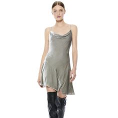 90s Vibes Are All Yours In This Classic Slip Dress Made From Gleamy, Beautiful Velvet Fabric. The Cowl Neck Is So Flattering And Feminine While The Asymmetrical Hemline Lends A Dramatic Flair You'll Love. Size 8 (Runs Small More Like A Size 6) Color Silver Bnwt Never Worn Velvet Dress Silver, Velvet Silver Dress, Silver Velvet Dress, Sensual Dress, Silver Mini Dress, Velvet Slip Dress, Metallic Mini Dresses, New Dresses, Alice And Olivia