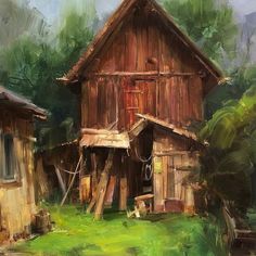 a painting of an old wooden house in the woods with grass and trees around it