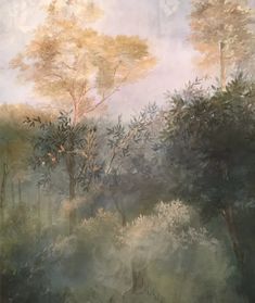 an oil painting of trees and bushes in the woods with foggy sky above them