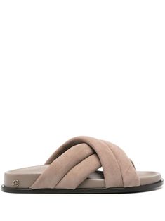 taupe brown calf suede criss-cross straps almond open toe branded leather insole gold-tone logo plaque flat rubber sole slip-on style Sandals Brown, Chanel 2, Anine Bing, Suede Sandals, Summer Beach Wear, Boots And Sneakers, Flat Boots, Brown Sandals, Ballet Flat Shoes