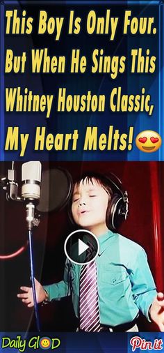 a young boy wearing headphones and holding a microphone with the words, this boy is only four but when he sings this whinen houston classic my heart melts