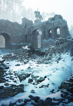 a horse standing on top of a stone building in the snow