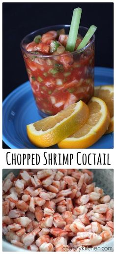 shrimp cocktail with lemons and celery on the side is shown in this collage